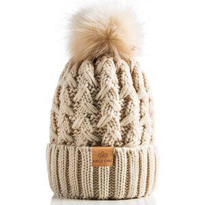 Women’s Beige Winter Ribbed Beanie Hat Chunky Cable Knit Pompom Warm